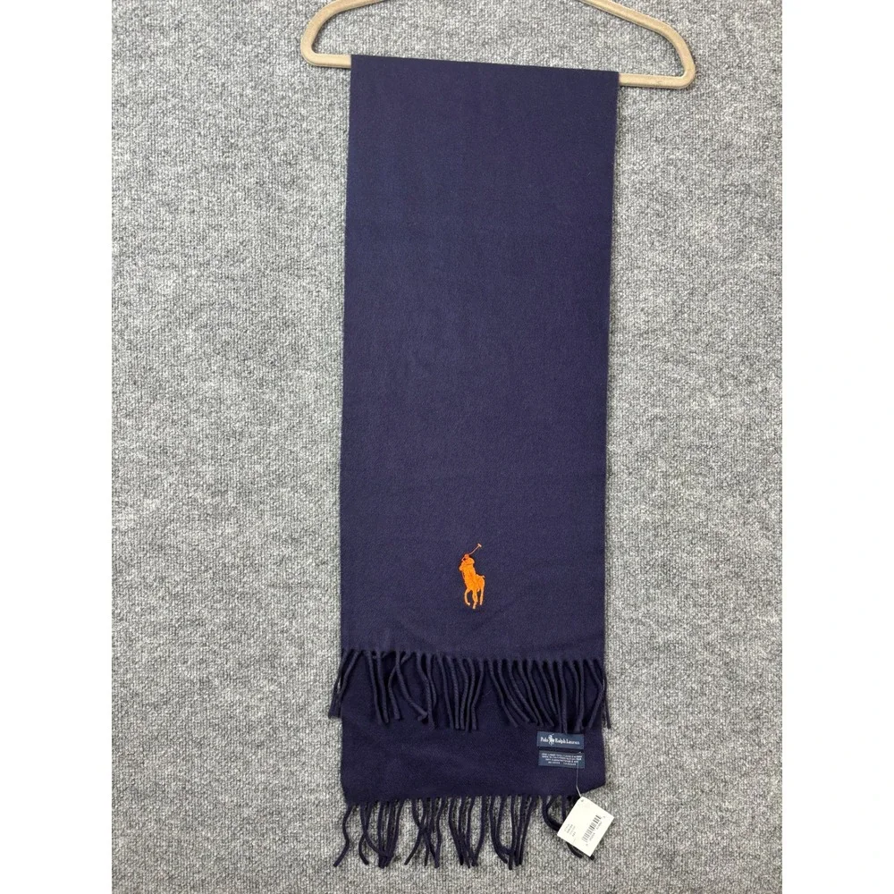 NWT Polo Ralph Lauren Navy Lambswool Scarf Orange Pony‎ Logo Fringe Preppy